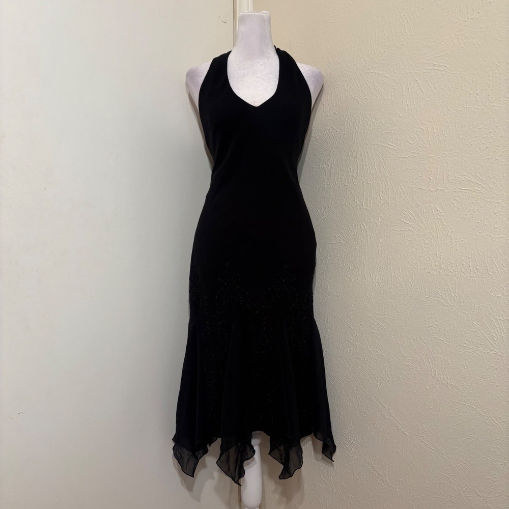 Black Halter Handkerchief Hem Midi Dress Whimsigoth Romantic Flowy Cocktail 10